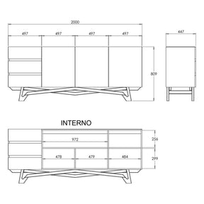Buffet Oasi com Vidro pés em Madeira de Eucalipto estrutura em MDF cor Off-White